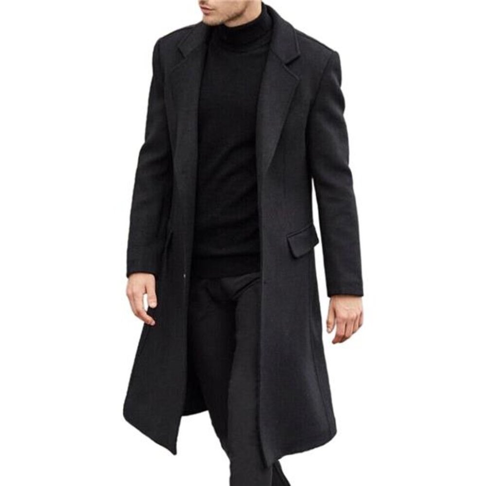Men's Casual Trench Coat Slim Fit Notched Collar Long Jacket Overcoat - Picture 7 of 7